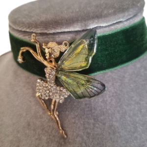 Mystical fairy necklace with gold and diamante fairy pendant on emerald velvet ribbon choker