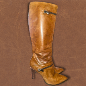 Genuine leather knee-high boots with zipper and stiletto heel – side view in brown