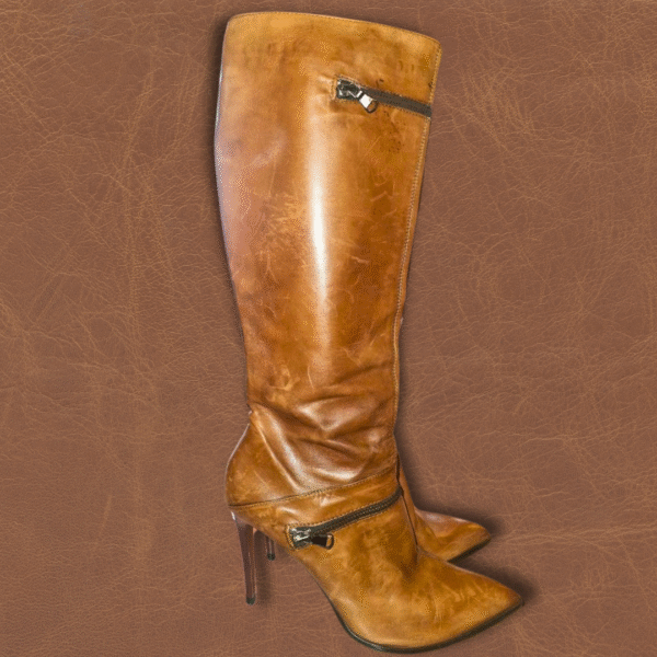 Genuine leather knee-high boots with zipper and stiletto heel – side view in brown