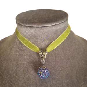 Lime green velvet choker with multicoloured sparkle sphere pendant