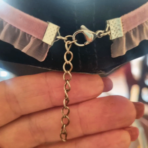 Adjustable clasp and ruffled velvet ribbon of dusty pink velvet choker necklace