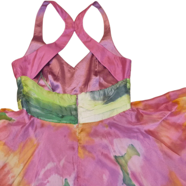 Back view of halterback Lipsy London silk dress – cross straps and zip closure