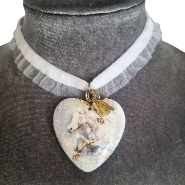 White horse heart choker with decoupaged wooden pendant and charm on layered white ribbon