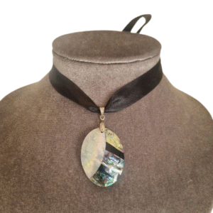 Mother-of-pearl and abalone choker with oval shell pendant and black satin ribbon