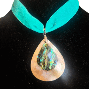 Abalone velvet necklace on aqua ribbon – front view