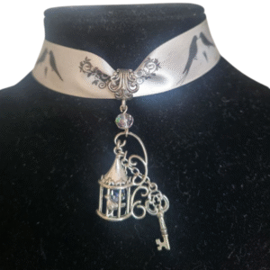 handmade birdcage choker necklace with ribbon and silver key charm
