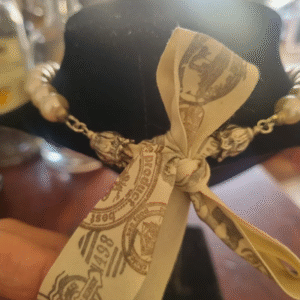 handmade nacreous shimmer pearl necklace with silver pendant and ribbon tie Back side