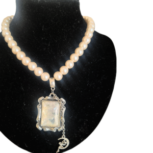 handmade nacreous shimmer pearl necklace with silver pendant and ribbon tie nacreous shimmer pendant necklace