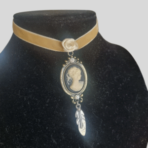 romantic cameo choker necklace with ivory velvet ribbon and feather charm