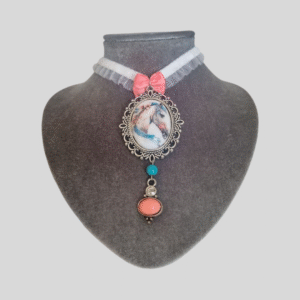 handmade coral and aqua horse pendant choker necklace with frill ribbon and bow