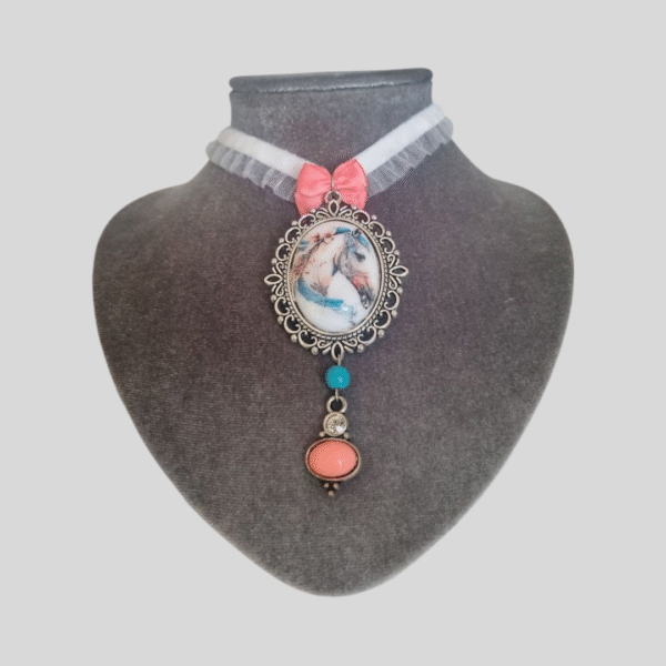 handmade coral and aqua horse pendant choker necklace with frill ribbon and bow