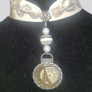 vintage ribbon necklace with Eiffel watch pendant and crystal beads. vintage ribbon and charms necklace