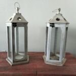 Rustic Wooden Candle Holders Whitewashed Glass Lantern Set (Pair) 2