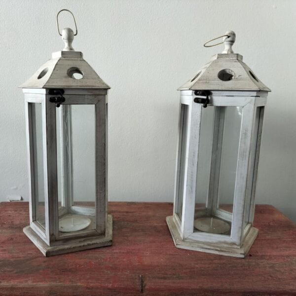 Rustic Wooden Candle Holders Whitewashed Glass Lantern Set (Pair) 2