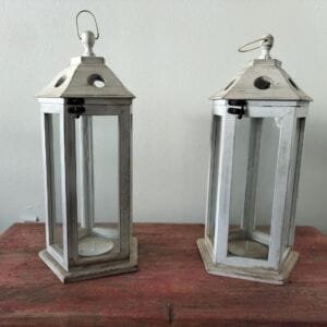 Rustic Wooden Candle Holders Whitewashed Glass Lantern Set (Pair)