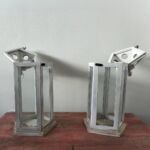 Rustic Wooden Candle Holders Whitewashed Glass Lantern Set (Pair) Open