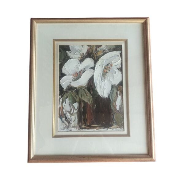 framed floral oil painting 69x79cm white flowers textured canvas in gold frame