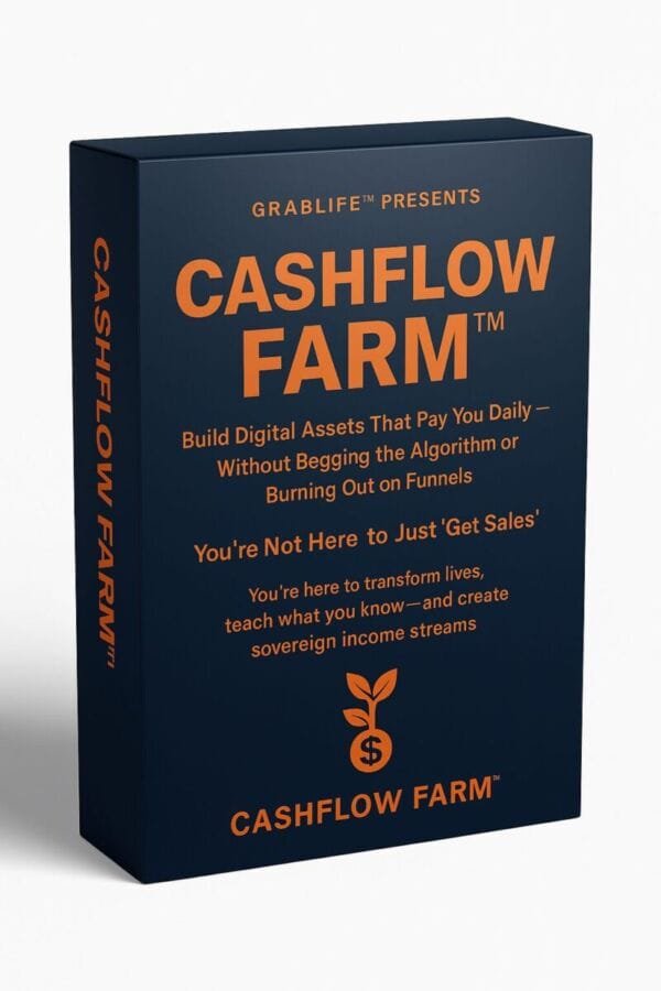 3D-rendered product box for “CASHFLOW FARM™” by GRABLIFE™, featuring a sleek navy design with bold orange text. The box is fully visible from multiple angles and promotes a digital asset creation system for coaches, creators, and entrepreneurs who want to build sovereign income streams without funnels, ads, or tech overwhelm.