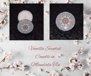 Vanilla Scented Candle in Mandala Tin - Blue and Red Fine Detail